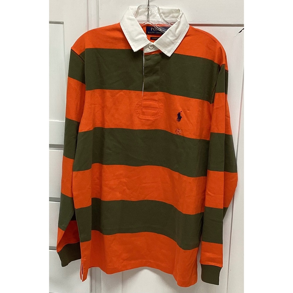Polo Ralph Lauren Mens Rugby Shirt Classic Fit Striped Green Orange M NEW - Picture 3 of 7